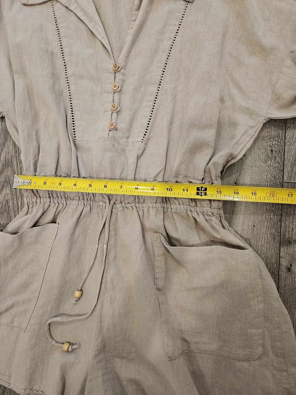 Zara Beige Linen Blend Safari Boho Short Sleeve Drawstring Romper Sz. M